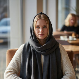 Khaki Black Fine Check Wool Scarf
